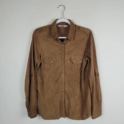 Zara Shirt Women Medium Brown Suede Button Down Western Boho Military Epaulettes - Image 1 of 4