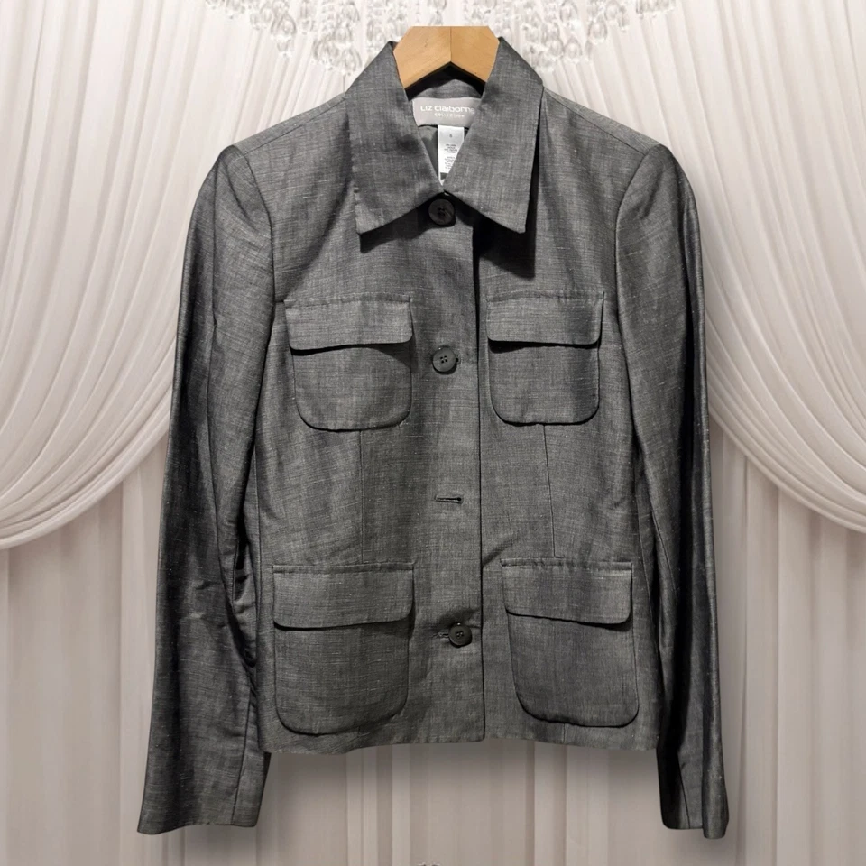 NUEVA Chaqueta Liz Claiborne Mezcla Lino Mujer 6 Gris Militar $189 LEER Foto 1 de 4