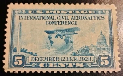 Sello globo terráqueo y avión de EE. UU. 5¢ Sc.650 MH 1928 Foto 1 de 2