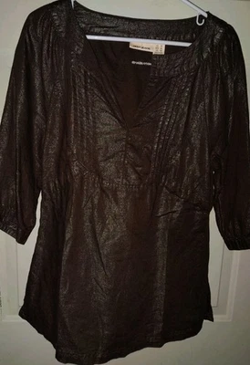 DKNY Mujer Manga 3/4 Lino Brillante Algodón Top Cuello en V Jersey Marrón Plata Foto 1 de 4