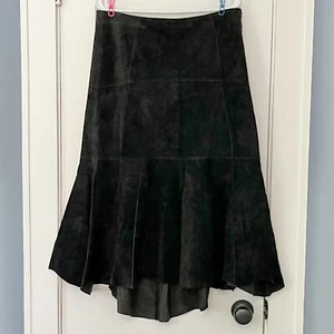 Cabi black leather midi skirt patchwork asymmetric flare hem size 10 whimsigoth - Picture 1 of 7