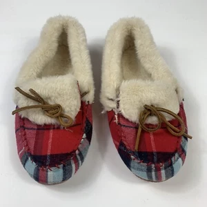 Ciabatte donna Cabela taglia 6M pelliccia rosso/blu/bianco stampa quadri slip on - Foto 1 di 9