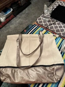 The Sak Women’s Large White Silver Metallic Black Leather Tote Bag Purse EUC - Picture 1 of 21
