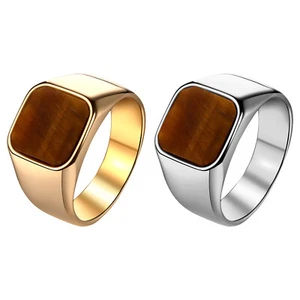 ‌Men's Classic Stainless Steel Tiger Eye Stone Signet Ring Band Gift Size 6-13 - Picture 1 of 13