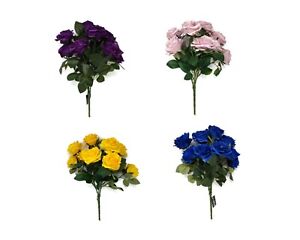 10 Head Artificial Open Rose Flower Bush x 44cm - Purple Blue Yellow or Pink