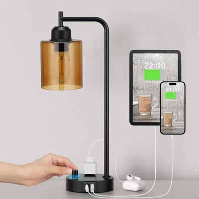 Industrial Small Desk Lamp for Nightstand - Amber Clear Glass Shade Table Lam... - Image 1 of 4