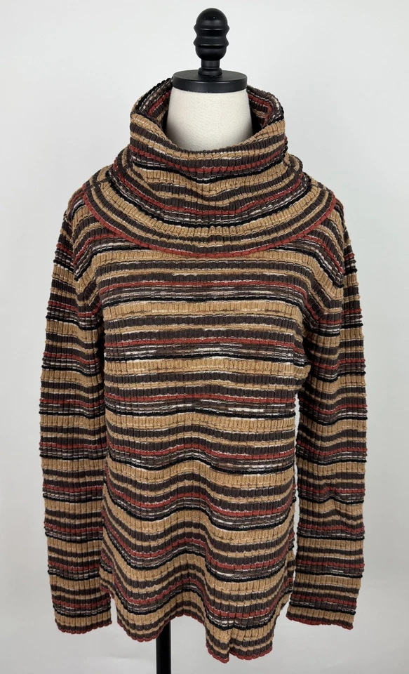 Suéter Vintage Y2K Cuello Capucha Mujer Grande/XL Marrón Tostado Rayas Tono Tierra Boho Foto 1 de 4