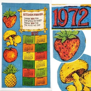 Vintage 1972 Kalender Geschirrtuch Leinen Küche Gebet Erdbeere Pilze 16x28" - Bild 1 von 13