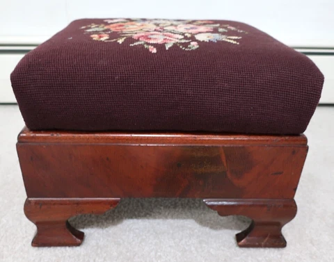 LG ANTIQUE CARVED EMPIRE MAHOGANY WOOD FOOT STOOL NEEDLEPOINT UPHOLSTERY Cover