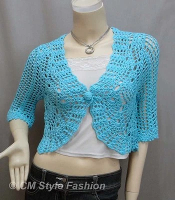 Cárdigan Bolero Top Crochet Ojales Vieira Encogido Azul S Foto 1 de 4