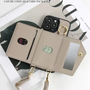 Leather Wallet Mirror Lanyard Case For iPhone 16 Pro Max 15 14 13 12 11 Cover - Picture 1 of 30