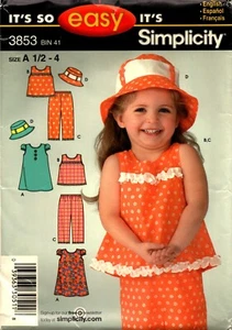 Simplicity Pattern 3853 ~ Toddler's Dress-Pants ~ Top ~ Hat ~ Sizes A - 6mos ~ 4 - Picture 1 of 4