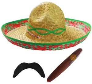 GREEN MEXICAN SOMBRERO STRAW HAT ADD MOUSTACHE CIGAR BANDIT FANCY DRESS COSTUME - Picture 1 of 4