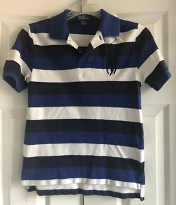 🐎POLO Ralph Lauren Boy's White, Navy & Blue Striped Big Pony Polo M (10-12)! - Picture 1 of 5