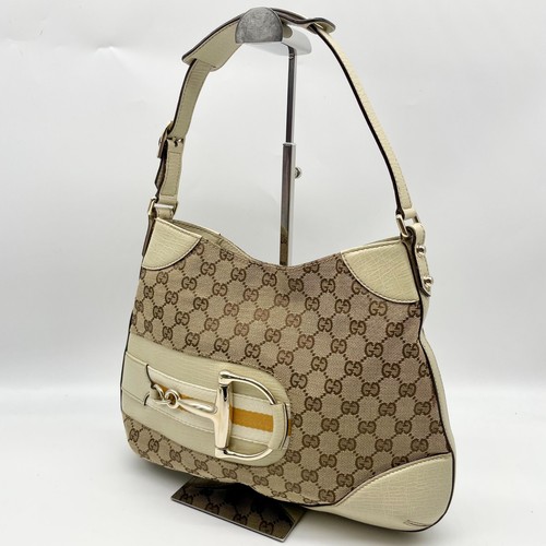 Borsa a tracolla Gucci Hobo Horsebit GG tela pelle beige 137388 Y2K originale