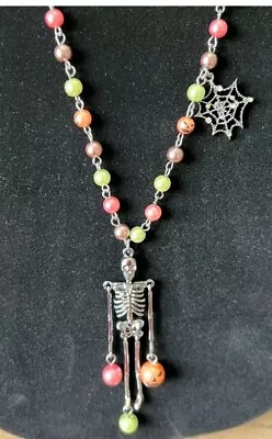 Betsey Johnson Skeleton Web Pearl Necklace Gun Metal Jack O Lantern Halloween - Image 1 of 3