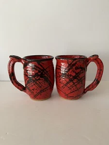 big Handmade Pottery Mugs Set of 2 redish Orange with Black BL 2017 - Picture 1 of 10
