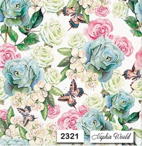 (2321) TWO Individual Paper LUNCHEON Decoupage Napkins BLUE, PINK & WHITE ROSES - Picture 1 of 3