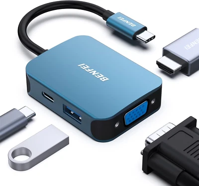 USB C HUB 4-In-1, USB Type-C to HDMI VGA Adapter, USB C to USB Adapter, USB Type - Image 1 of 4