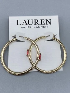 Ralph Lauren Red Cubic Zirconia Hoop Bright Gold Tone Earring - Picture 1 of 5