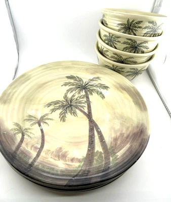Tabletops Unlimited BAHAMAS PALM TREES Set Of Melamine 4 Dinner Plates & 4 Bowls - Image 1 of 4