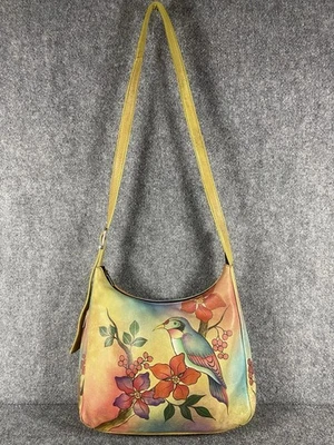 Bolso Bandolera Anuschka Cuero Pintado a Mano Búhos Pájaros Diseño Árbol Colorido Arte Foto 1 de 4