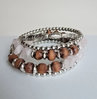 Memory Wire Wrap Bracelet Silver Tone Beads Wood & Rose Quartz Chips - Image 1 of 4