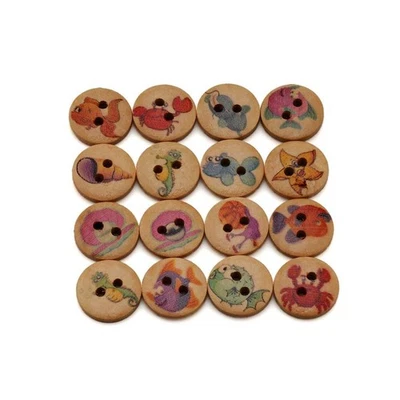 50PCS Sea Creature Prints Wood Buttons, for DIY Sewing Crafts Scrapbooking 15mm - Image 1 of 4