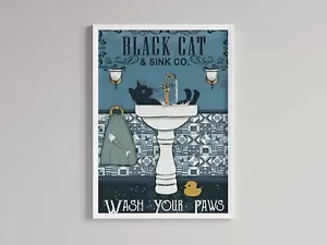 Impresión de gato negro lávate las patas impresión de decoración de baño imagen de animal vintage - Imagen 1 de 1