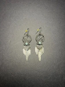 Beautiful Boho Silver Tone Dream Catcher w/ Metal Feathers Dangle Earrings 3" - Picture 1 of 3