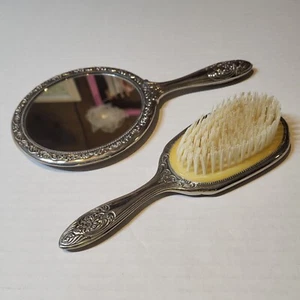 Vtg Hair Brush And Mirror Set (2) Vanity Silver Plated Victorian DME - Picture 1 of 5