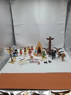 Geobra Vintage Playmobil 1974 figures Cowboys Indians Western horses Toys Tent O - Image 1 of 4