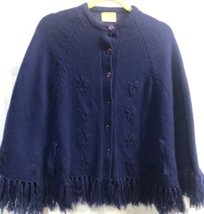 Vintage 60’s Glentey Capelet Navy Fringe Shawl Poncho Sweater Purple Buttons - Picture 1 of 12
