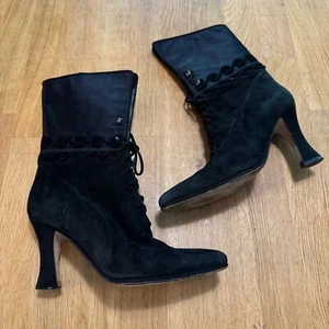 Vintage Via Spiga 6 Black Suede Leather Victorian Goth Lace Up Boots Italy Made - Picture 1 of 10