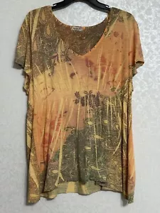 One World Live Let Live Orange Floral Paisley Empire Waist Blouse Cap Sleeve 2X - Picture 1 of 7