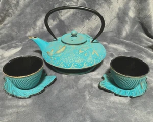 Vintage Asian Cast Iron Teapot, Cups, Sauces & Trivet Teal Gold Koi Fish Set - Picture 1 of 13