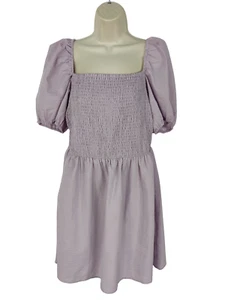 BNWT WOMENS H&M LILAC SHIRRED PUFF SLEEVE DRESS SIZE EUR LARGE TEXTURED SUMMER - Picture 1 of 5