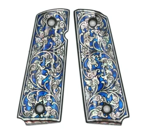 COLT 1911 FULL SIZE GRIPS KIMBER RUGER TAURUS MOTHER OF PEARL BLUE FLOWER ART  - Picture 1 of 12