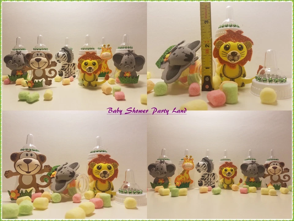 12 Fillable Bottles Baby Shower Boy or Girl Favors Prizes Safari Jungle Animals - Image 1 of 4