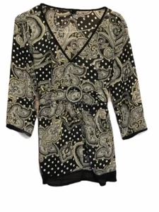 Essentials By Milano Womens Blouse Black Paisley 3/4 Sleeve Tie Back Belt Top L - Picture 1 of 6