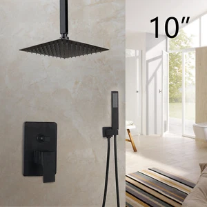 Black Ceiling Mounted 10"Bathroom Shower Head Faucets Set Hand Spray Mixer Taps - Picture 1 of 12