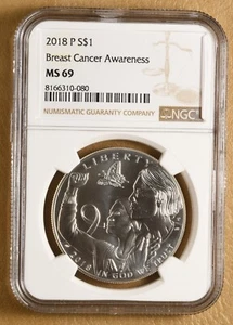 2018 P Breast Cancer Awareness Commemorative Silver Dollar NGC MS69 - Picture 1 of 2
