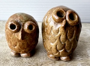 Carved Stone? Owl Figurines Set of 2 Brown Glazed Decorative Sculptures 1.5" - Picture 1 of 7