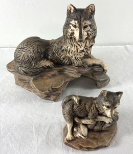 Ceramic Brown Wolf Figurines Mother with Two WrestlingBabies Great condition 7x6 - Picture 1 of 11