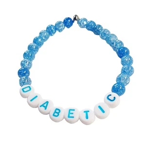 Medical Alert Diabetic Beaded Bracelet Blue Crackle Beads - Picture 1 of 1