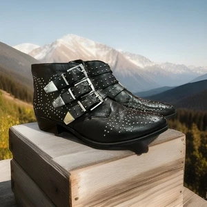 Damen-Stiefeletten Diba echte Nieten schwarzes Leder seitliche Schnalle Cowgirl Größe 9 - Bild 1 von 9