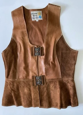 Chaleco de cuero vintage de los años 70 Pioneer Wear para mujer talla 16 Western Cowgirl nuevo de Lote Antiguo Foto 1 de 4