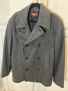 MERONA MENS WOOL POLY BLEND PEACOAT DOUBLE BREASTED JACKET GREY BUTTON MEDIUM MD - Picture 1 of 7