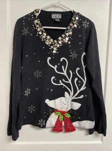 VTG Berek Christmas Sweater Black Beaded Bling Festive Reindeer Snowflakes Large - Picture 1 of 11