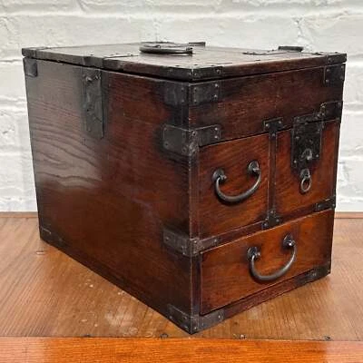 Antique Japanese Meiji Era 1880's Suzuribako Calligraphy Tansu Chestnut 3 Drawer - Image 1 of 4